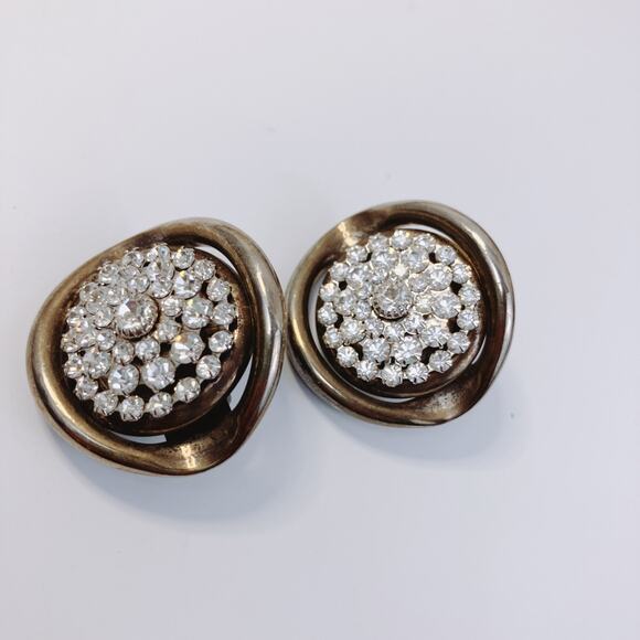 Vintage Silver-Toned Rhinestone Clip-On Earrings, Mid-Century 50s 60s - Picture 3 of 5